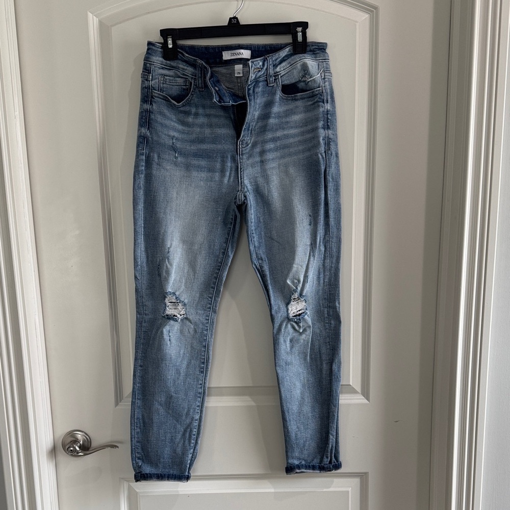 Zenana Ripped Skinny Jeans - Medium Blue